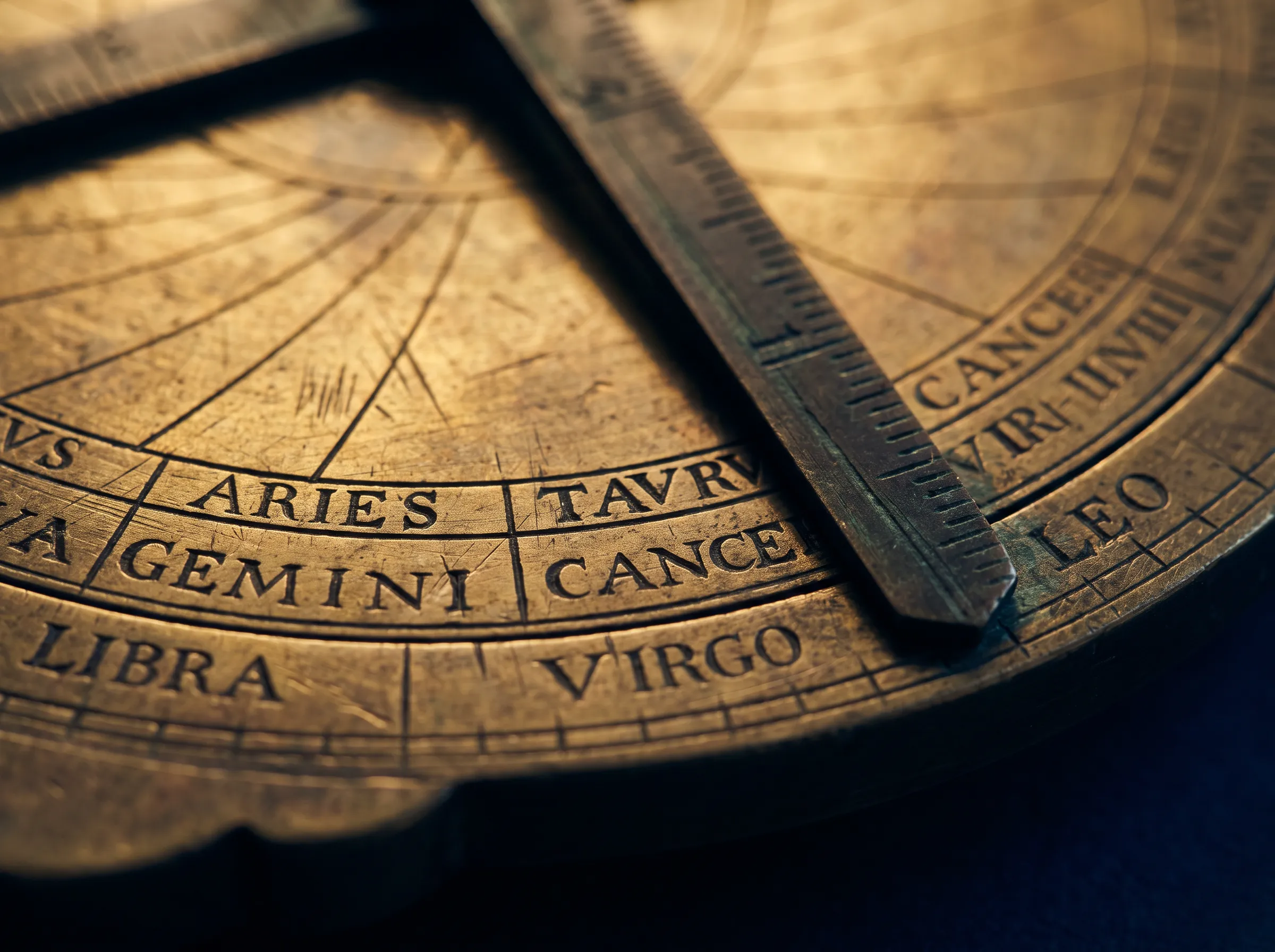 A Renaissance brass astrolabe, the engraved zodiac ring showing Aries, Taurus, Gemini, Cancer, Leo, Virgo, and Libra in Latin capitals.